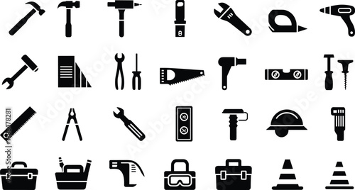 Black construction and repair tool icon mega set featuring hand tools equipment and safety symbols isolated on white background