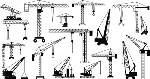 Black construction crane silhouette mega set showing tower crawler and mobile cranes with lifting hooks isolated on white background for industrial use