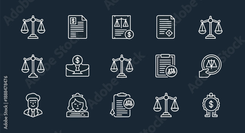 Legal icons scales of justice documents and financial symbols