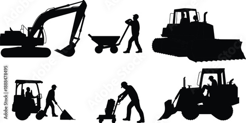 Black construction equipment and worker silhouette set with excavator bulldozer compactor and labor activities isolated on white background