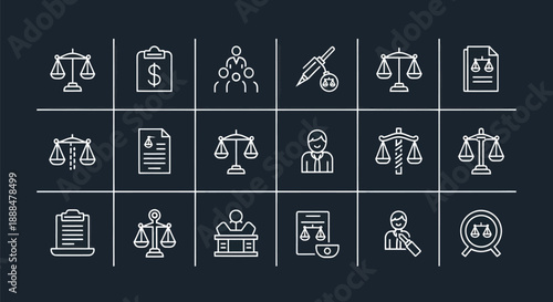 Legal icons set scales of justice documents and related concepts