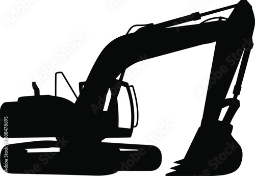 Black crawler excavator silhouette showing heavy construction machinery digging and earthmoving equipment isolated on white background for industrial infrastructure design