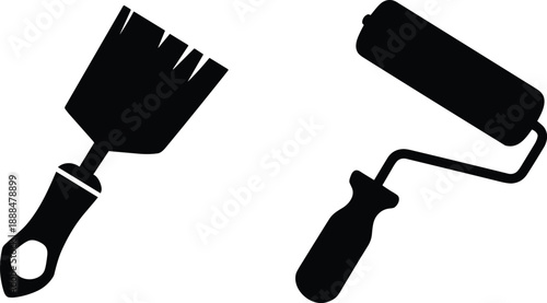 Black paint brush and roller icon set with painter tools silhouettes isolated on white background for home renovation design
