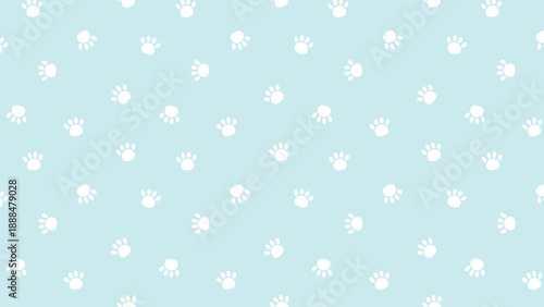 White animal paw prints seamless pattern on aqua blue background, cute pet footprint vector illustration