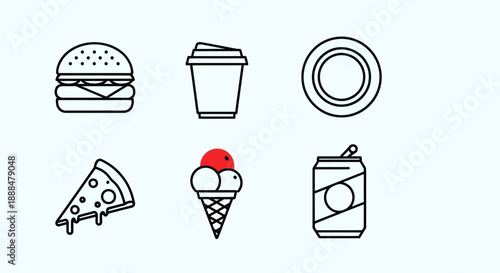 Minimalist food icons burger drink plate pizza ice cream soda can