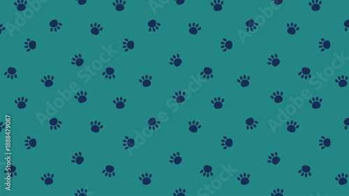 Dark blue paw prints on teal green background seamless pattern, hand drawn animal footprint vector design