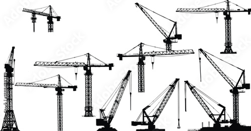Black tower and crawler crane silhouette collection showing construction lifting equipment machinery isolated on white background for industrial infrastructure design