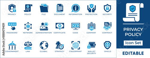 Privacy Policy Data Protection GDPR Compliance Legal Agreement Solid Icon Set Vector