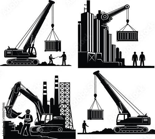 Construction and industrial work silhouettes set featuring cranes, excavators and workers lifting cargo containers at building sites, heavy machinery and infrastructure development concept