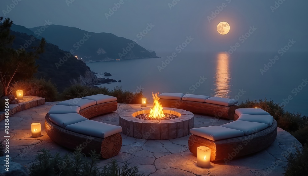 Obraz premium Fire pit glows brightly at night beside tranquil ocean. Moon shines above calm water. Lounge seating awaits guests, inviting relaxation under stars. Candles add warm light to patio.