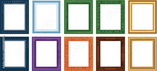 Colorful decorative picture frame collection with ornate borders and empty placeholders isolated on white background vector illustration