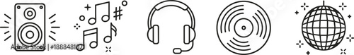 Music and audio outline icon set with speaker notes headset vinyl record and disco ball isolated vector illustration