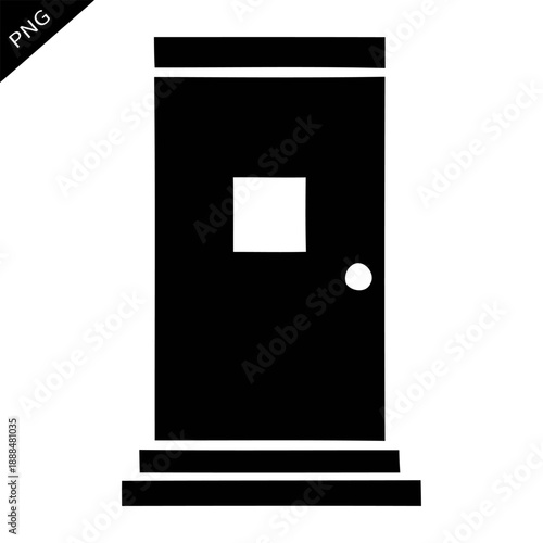 Simple black door design with square window on a white background captures basic structure and form