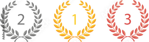 Winner podium laurel wreath set with first second and third place award badges isolated on white background vector illustration