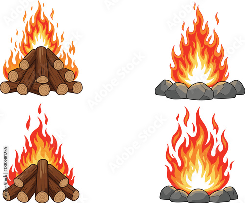 Campfire illustration set with burning logs and stone fire pits blazing flames isolated on white background vector