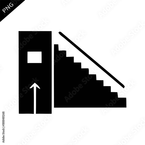 Staircase design with an arrow pointing upwards located indoors in a simple space