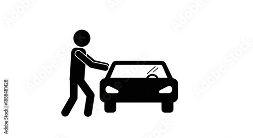 Stick figure pushing a car silhouette on white background.