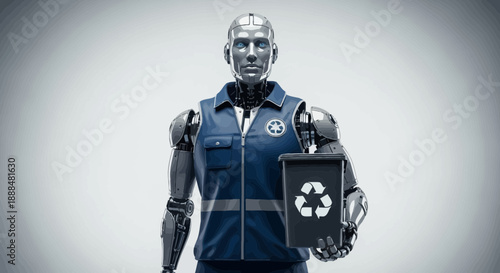 Robot holding recycling bin with recycling symbol on it.
