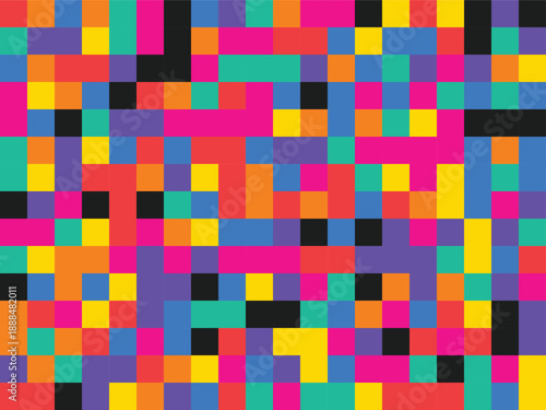 Colorful abstract pixel pattern featuring bright geometric squares and digital style repetition ideal for playful backgrounds modern graphics textiles branding and surface decoration
