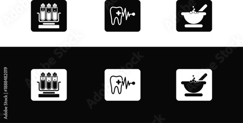 icons Set of medical and dental icons including laboratory test tubes tooth with heartbeat and mortar and pestle flat vector design for healthcare and science concepts isolated on white