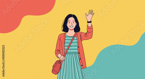 Friendly young woman with dark hair waving her hand and smiling warmly against a colorful abstract wavy background.