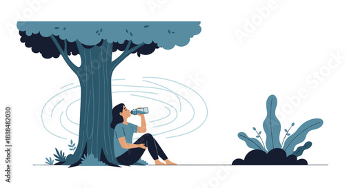 Peaceful woman sitting on the ground leaning against a large tree and drinking water from a bottle in a quiet natural park.