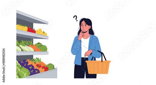 Pensive young woman holding a shopping basket while looking at a shelf full of fresh vegetables in a grocery store.
