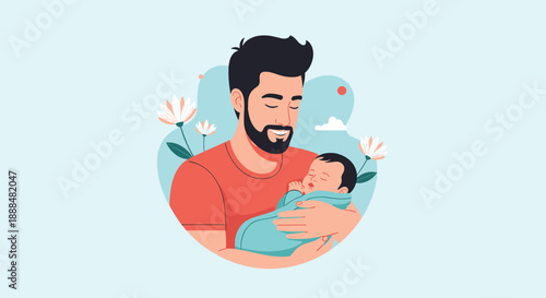 Loving father with a beard gently cradling his sleeping newborn baby in a peaceful embrace surrounded by soft flowers.