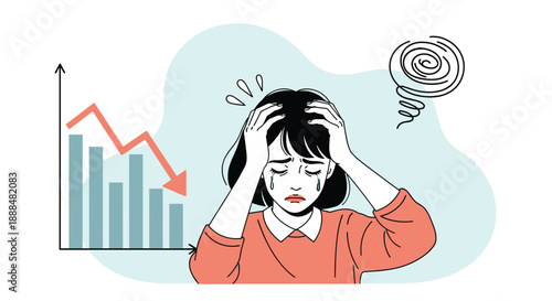 Stressed woman holding her head in distress next to a falling bar graph and arrow indicating financial or business loss.