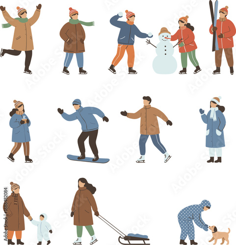 Winter people activity set with snowman skiing sledding walking dog and playing outdoors in cold season flat vector illustration