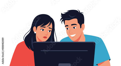 Young man and woman looking intensely at a computer monitor with expressions of curiosity and concern during work.