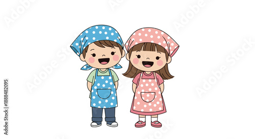 Two cute children wearing matching polka dot aprons and headscarves smiling happily and ready to help with cooking.