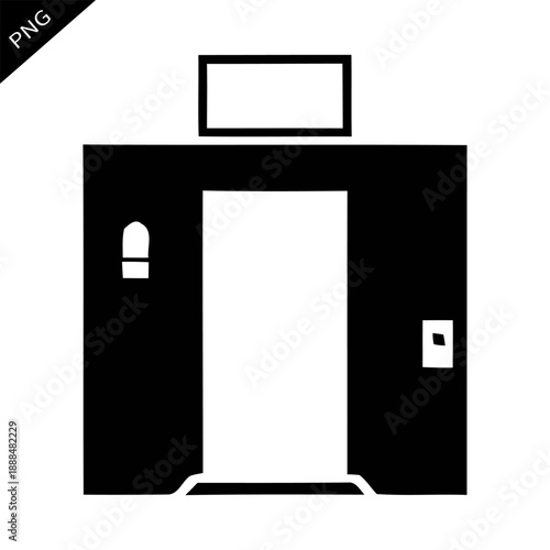 Elevator door stands open in a public building with signage above and buttons on the side near the entrance
