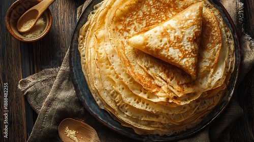 Tall stack of thin golden crepes folded elegantly on a plate with wooden spoons nearby.