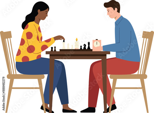 Couple playing chess at table with coffee during cozy date or friendly match indoor leisure flat vector illustration