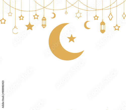 Golden crescent moon and star with hanging lanterns and celestial decorations