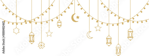 Elegant golden islamic string lights with lanterns, crescent moons, and stars for festive decoration