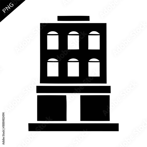 Building silhouette with five windows and a front entrance designed in black and white on a plain background
