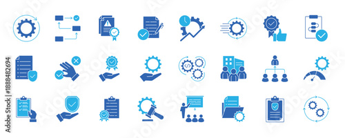 SOP (Standard Operating Procedure) collection set. Containing process, guidelines, workflow, compliance, documentation, efficiency, consistency, quality, procedure, policy icon and more.