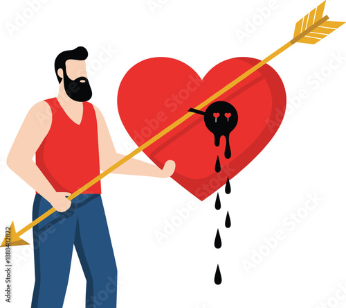 Heartbreak concept illustration with man holding arrow piercing bleeding heart symbolizing love pain emotional trauma and relationship damage flat vector design