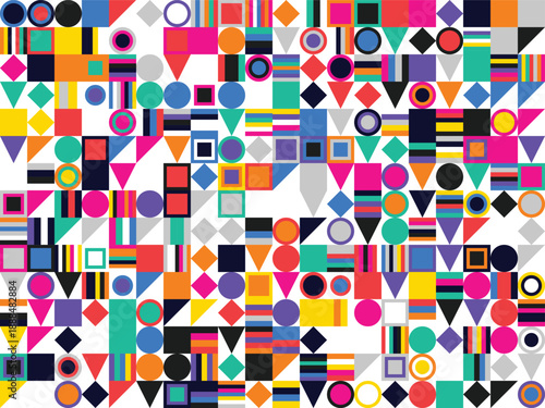 Geometric abstract pattern with different shapes and colors creating playful balanced composition suitable for modern backgrounds branding textiles posters and creative design use