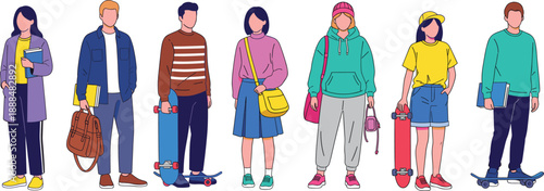 Teenage students standing with skateboards and books wearing casual outfits diverse youth group modern flat vector illustration