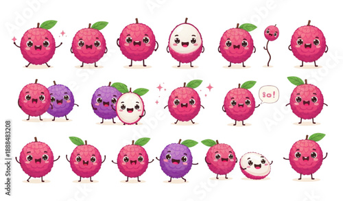 Cute lychee fruit cartoon vector illustration set isolated on white