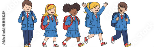 Happy school children walking with backpacks in uniform returning from class diverse kids education flat vector illustration