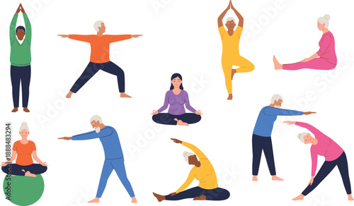 Senior people yoga and stretching exercise set with meditation balance poses and wellness activities in flat vector illustration
