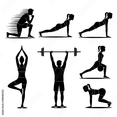 Silhouettes of People Exercising Various Fitness Routines