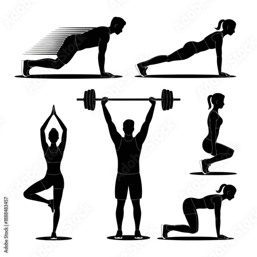 Silhouettes of People Exercising Various Fitness Routines