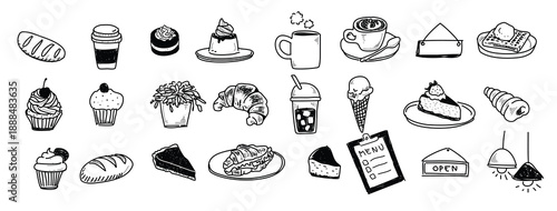 black and white drawing of various food items