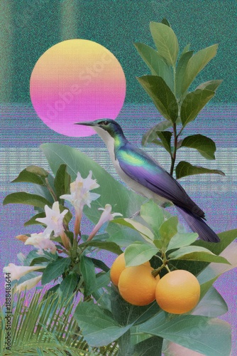 a collage of an iridescent bird eating oranges, tropical plants, and neon sun
