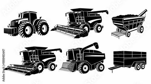 Collection of agricultural machinery in black and white illustrations